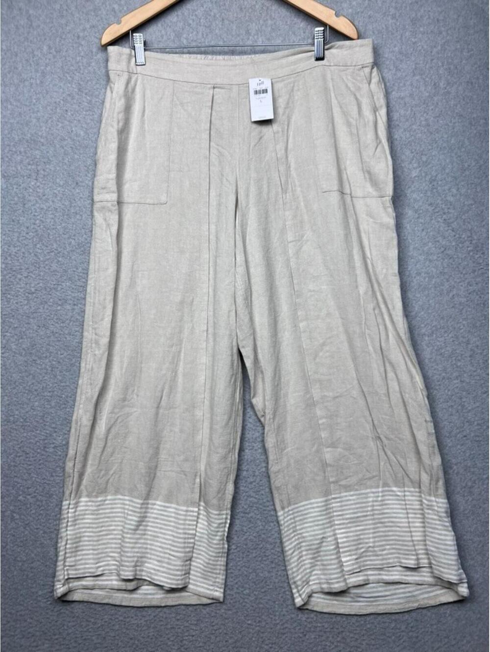 Pure Jill Linen Wide Leg Pants L Beige Striped Border Hem Crop Coastal Boho New - Picture 1 of 11